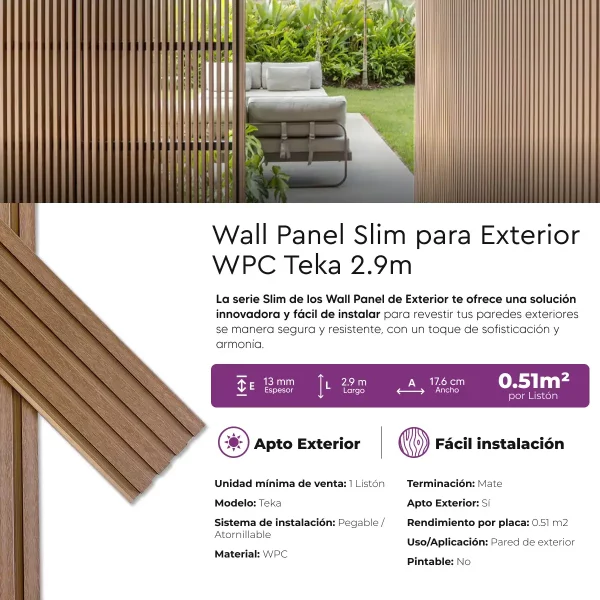 Revestimientos Wall Panel WPC Slim 2.9m Teka Mate Coextrusado