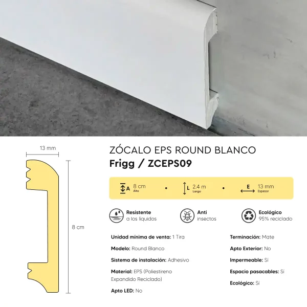 Zócalo Frigg Round Blanco EPS Antihumedad 8 cm