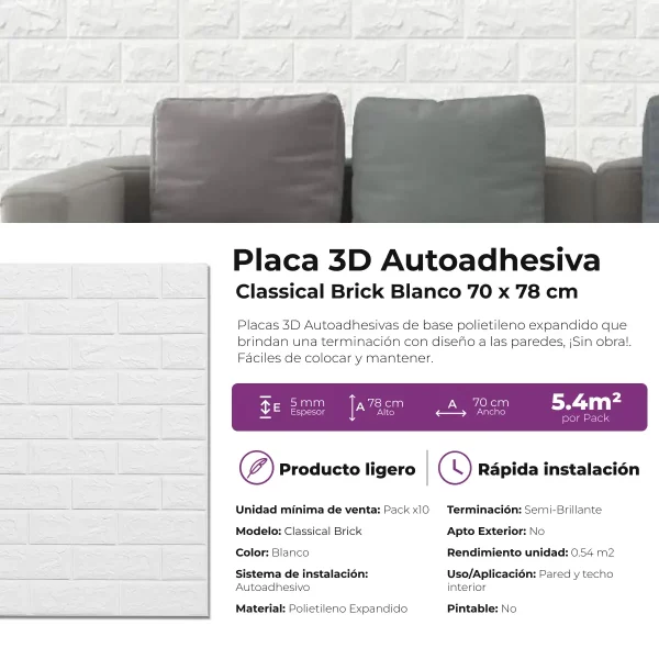 Placa 3D Autoadhesiva Classical Brick Blanco Revestimiento Lifewall 70x78 cm Pack x10 - Imagen 5