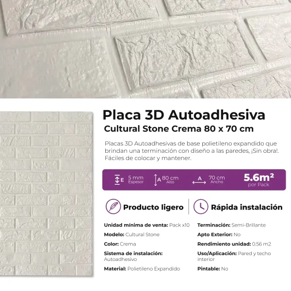 Placa 3D Autoadhesiva Cultural Stone Crema Revestimiento Lifewall 70x80 cm Pack x10 - Imagen 5