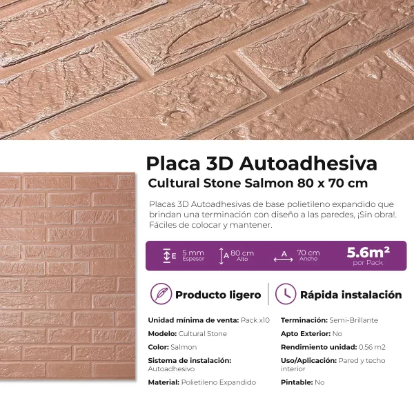 Placa 3D Autoadhesiva Cultural Stone Salmón Revestimiento Lifewall 70x80 cm Pack x10 - Imagen 5