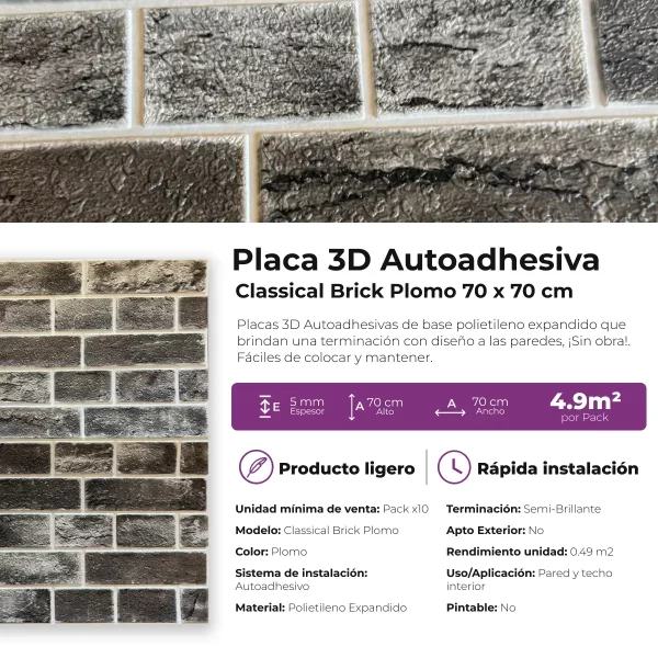 Placa 3D Autoadhesiva Classical Brick Plomo Revestimiento Lifewall 70x70 cm Pack x10 - Imagen 5