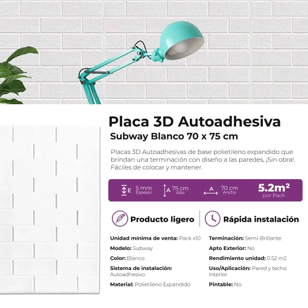 Placas 3D Autoadhesivas Subway Blanco Revestimiento Lifewall 70x75 cm Pack x10 - Imagen 5