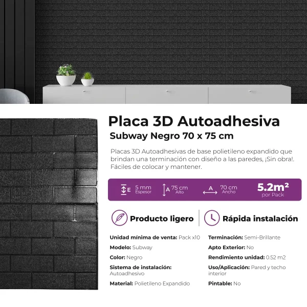 Placas 3D Autoadhesivas Subway Negro Revestimiento Lifewall 70x75 cm Pack x10 - Imagen 5