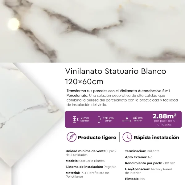 Vinilanato Decorativo Autoadhesivo 60x120 Statuario Blanco Pack 2,88 m2 - Imagen 4