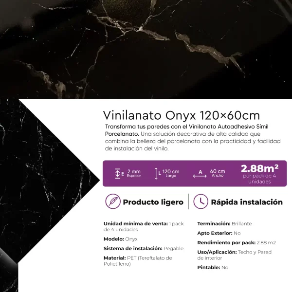 Vinilanato Decorativo Autoadhesivo 60x120 Onyx Pack 2,88 m2 - Imagen 4