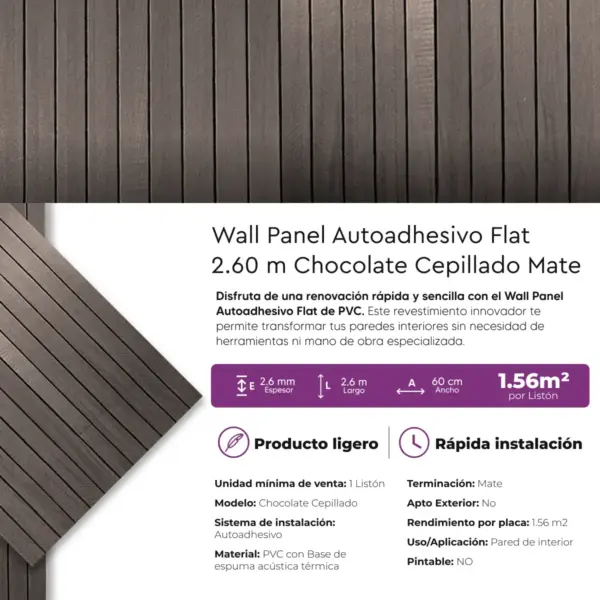 Revestimiento Autoadhesivo Wall Panel Flat Chocolate Cepillado Mate 2.60m - Imagen 10