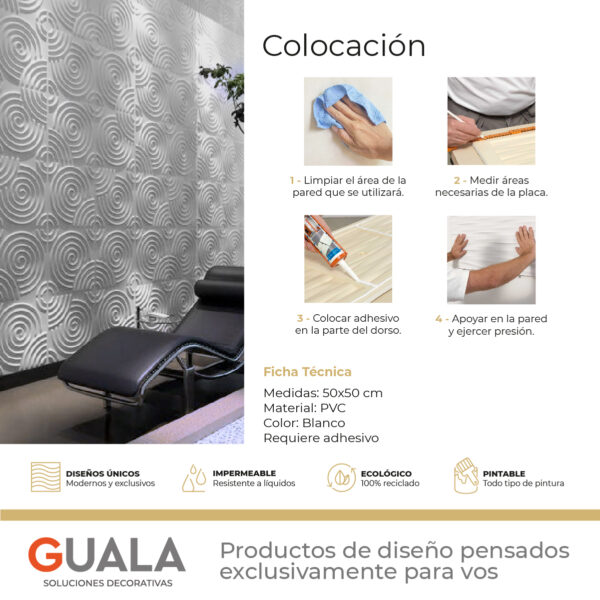Placas 3D Antihumedad PVC Espiral Blanco Revestimiento Frigg 50x50 cm Pack x12 - Imagen 7